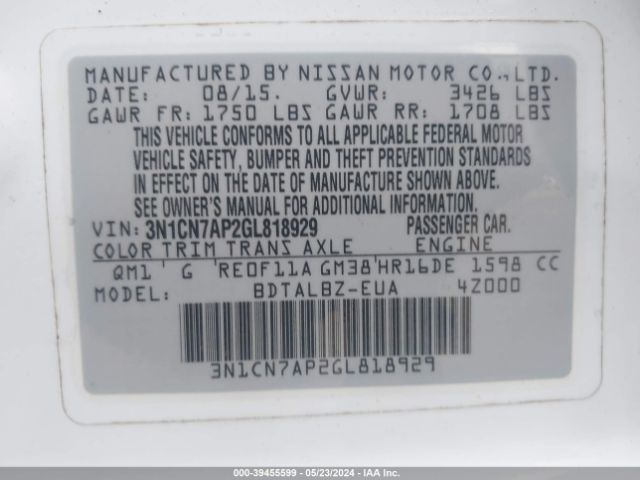 3N1CN7AP2GL818929 Nissan Versa 1.6 S/1.6 S+/1.6 Sl/1.6 Sv
