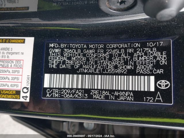 JTNKARJE1JJ559892 Toyota COROLLA IM