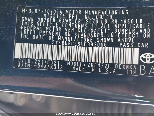 Toyota COROLLA LE 2019 5YFBURHE6KP892006 Image 9
