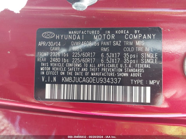 Hyundai TUCSON SE 2014 KM8JUCAG0EU934337 Image 9