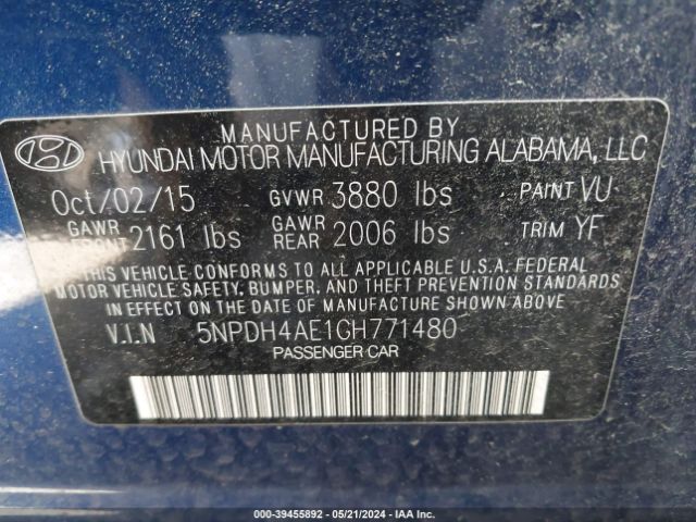 5NPDH4AE1GH771480 Hyundai ELANTRA SE