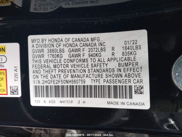 2HGFE2F50NH560759 Honda Civic Sport