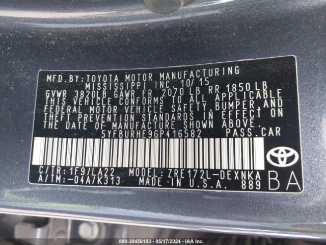 5YFBURHE9GP416582 Toyota Corolla Le Premium