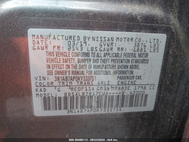 Nissan SENTRA S 2019 3N1AB7AP0KY333751 Image 9