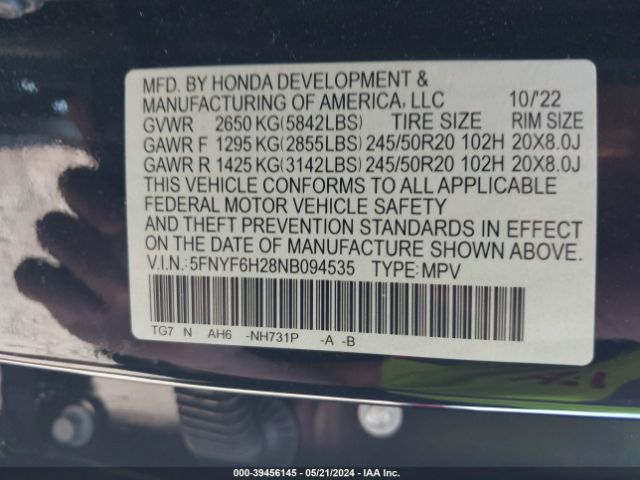 5FNYF6H28NB094535 Honda Pilot Awd Special Edition