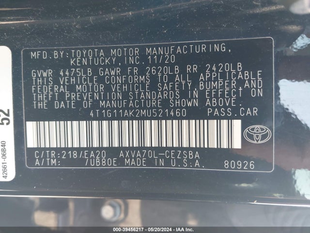 Toyota CAMRY SE 2021 4T1G11AK2MU521460 Image 9