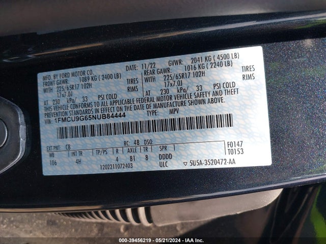 Ford ESCAPE SE 2022 1FMCU9G65NUB84444 Image 9
