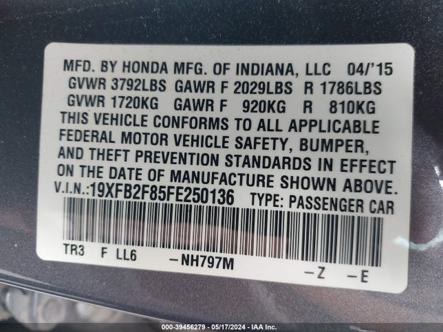 Honda CIVIC EX 2015 19XFB2F85FE250136 Image 9