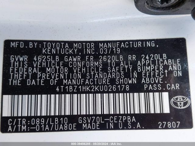 4T1BZ1HK2KU026178 Toyota Camry Xse V6