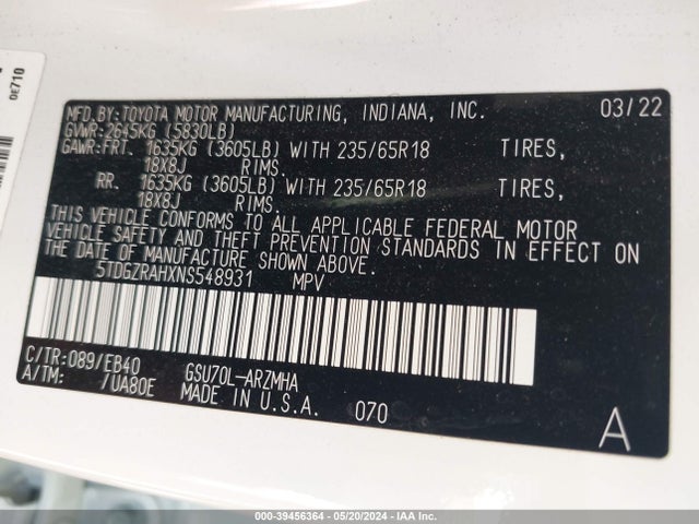Toyota Highlander Xle 2022 5TDGZRAHXNS548931 Image 9
