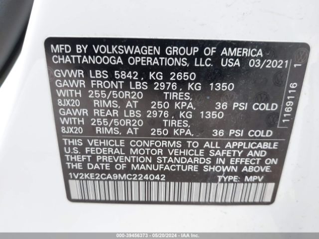 1V2KE2CA9MC224042 Volkswagen Atlas Cross Sport 3.6l V6 Se W/technology