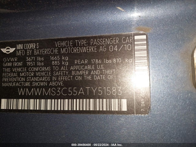 2010 MINI COOPER S WMWMS3C55ATY51583 Photo 8
