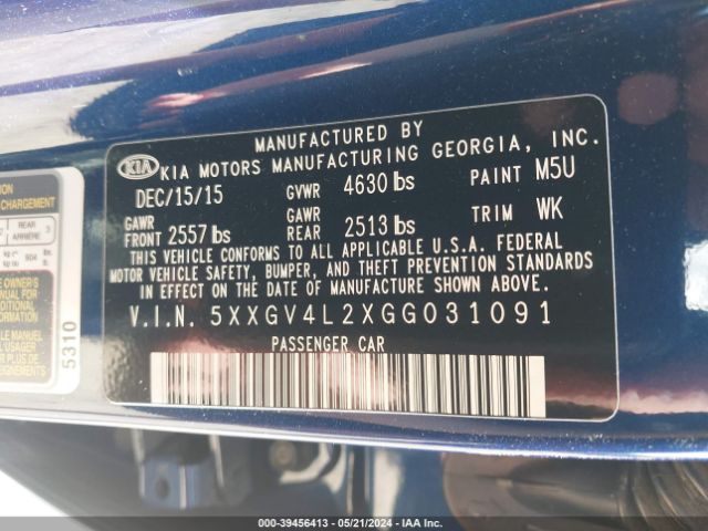 5XXGV4L2XGG031091 KIA Optima Sxl Turbo