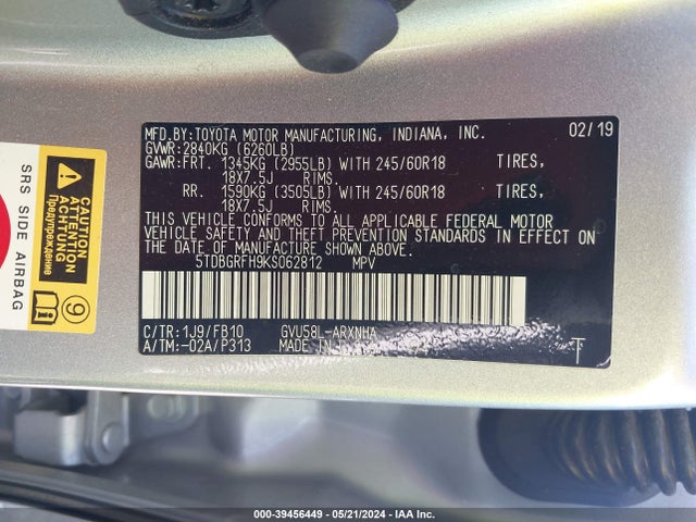 5TDBGRFH9KS062812 Toyota Highlander Hybrid Le