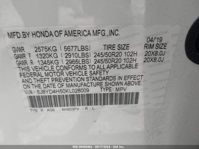 5J8YD4H50KL028009 Acura Mdx Tech Pkg