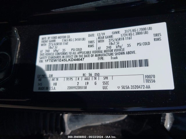 Ford F-150 Lariat 2020 1FTEW1E45LKD44647 Image 9