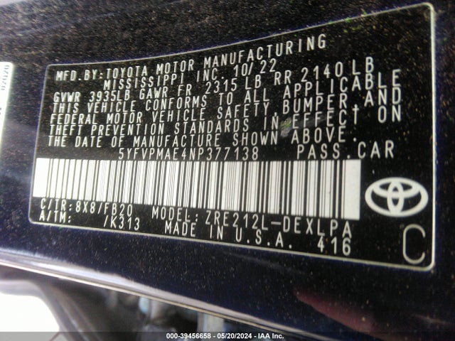 Toyota COROLLA LE 2022 5YFVPMAE4NP377138 Image 9