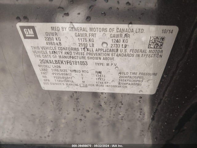 Chevrolet EQUINOX 1LT 2015 2GNALBEK1F6181053 Image 9