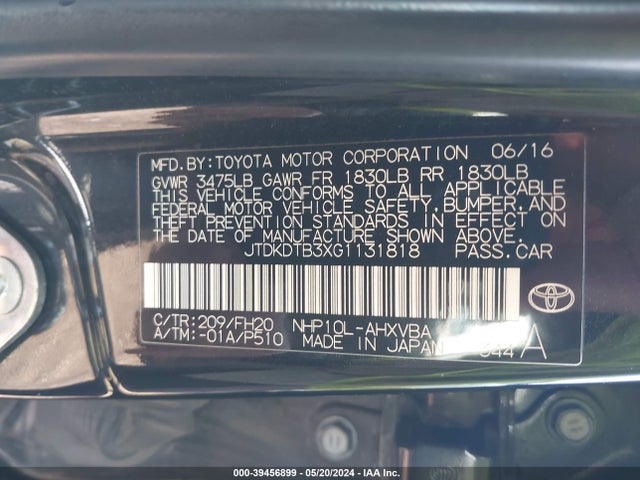 Toyota Prius C One 2016 JTDKDTB3XG1131818 Image 9