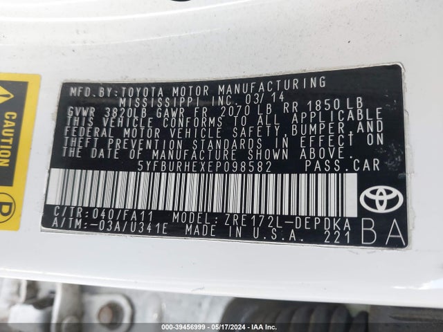 Toyota COROLLA L 2014 5YFBURHEXEP098582 Image 9