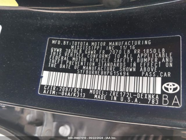 5YFBURHE8HP615494 Toyota COROLLA LE