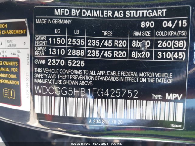 WDCGG5HB1FG425752 Mercedes-Benz GLK 350