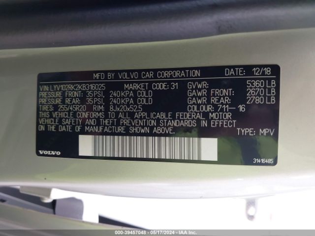 LYV102RK2KB316025 Volvo Xc60 T5 Momentum