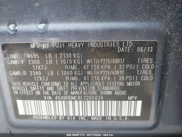 Subaru Outback 3.6r Limited 2014 4S4BRDMC8E2205034 Image 9