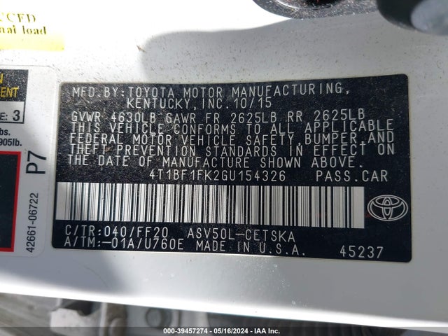 Toyota CAMRY SE 2016 4T1BF1FK2GU154326 Image 9