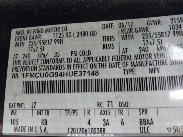 Ford ESCAPE SE 2017 1FMCU0G94HUE37148 Image 9