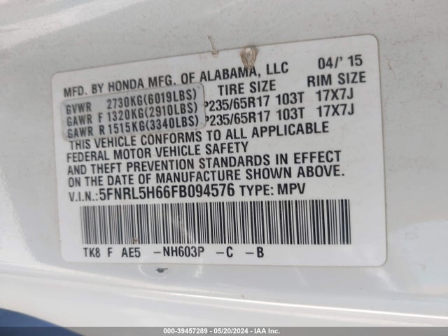 Honda Odyssey Ex-l 2015 5FNRL5H66FB094576 Image 9