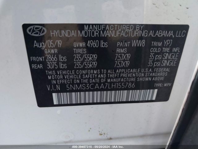 5NMS3CAA7LH155786 Hyundai Santa Fe Sel 2.0t