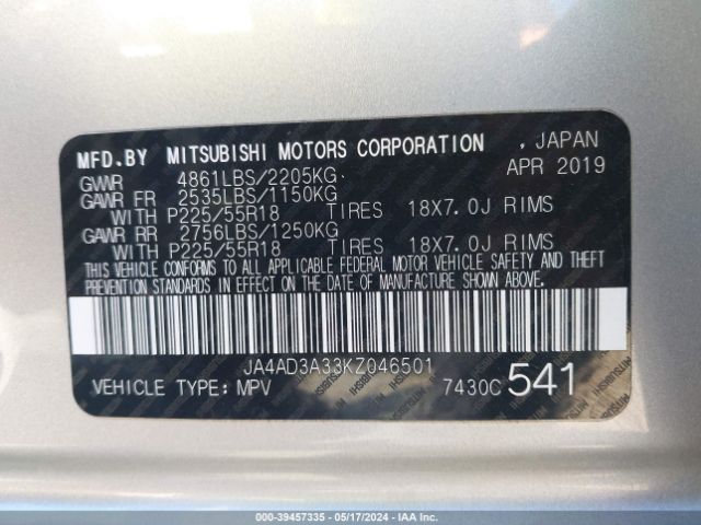 JA4AD3A33KZ046501 Mitsubishi Outlander Se