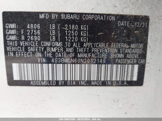 Subaru Legacy Limited Xt 2022 4S3BWGN60N3012149 Image 9