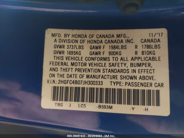 Honda Civic Lx-p 2018 2HGFC4B07JH300333 Image 9