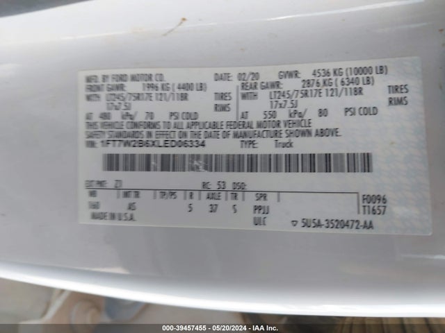 Ford F-250 Xl 2020 1FT7W2B6XLED06334 Image 9