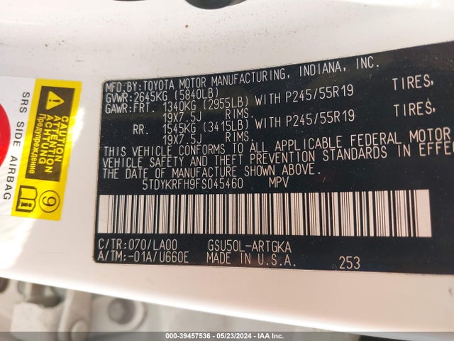 5TDYKRFH9FS045460 Toyota Highlander Limited V6