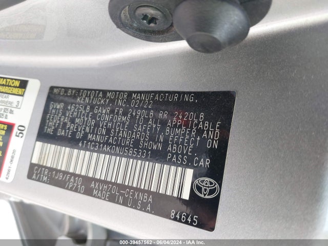 Toyota Camry Le Hybrid 2022 4T1C31AK0NU585331 Image 9