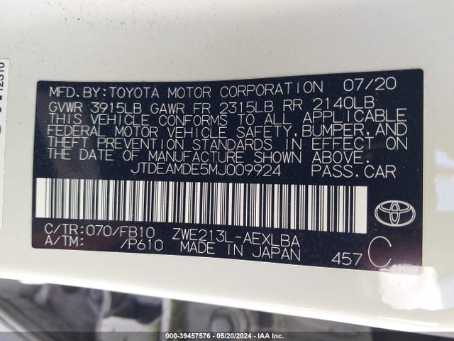 Toyota Corolla Hybrid Le 2021 JTDEAMDE5MJ009924 Image 9