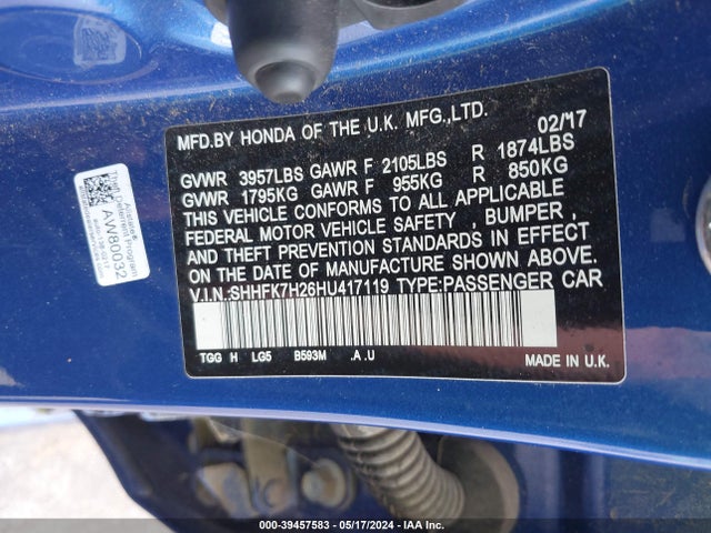 Honda Civic Lx 2017 SHHFK7H26HU417119 Image 9