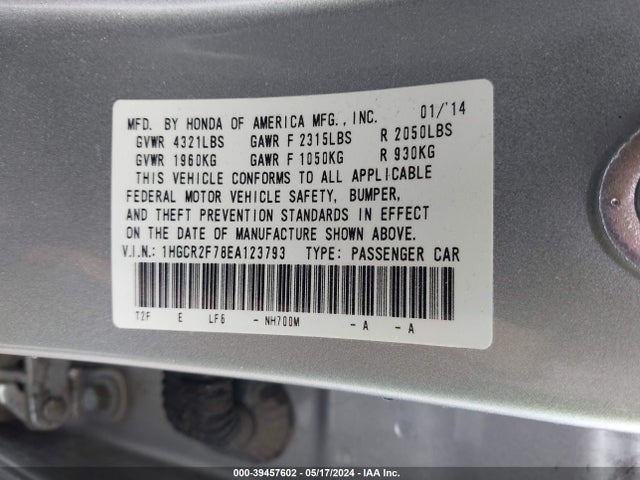Honda ACCORD EX 2014 1HGCR2F78EA123793 Image 9
