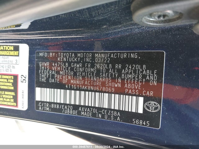 Toyota CAMRY SE 2022 4T1G11AK8NU678069 Image 9