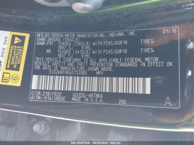 5TDZKRFH6GS133985 Toyota Highlander Le V6