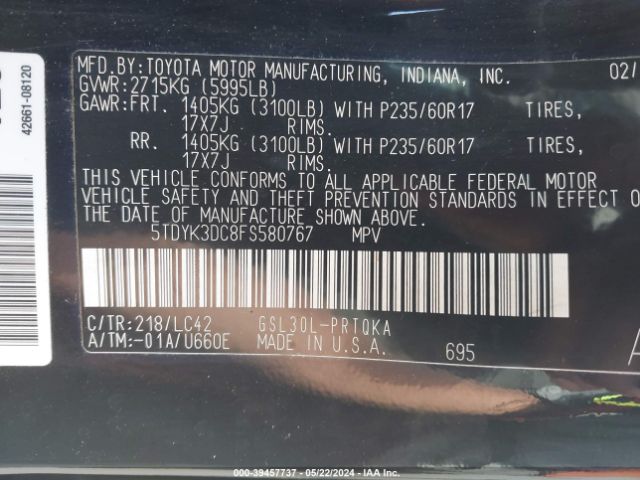 5TDYK3DC8FS580767 Toyota Sienna Xle 8 Passenger