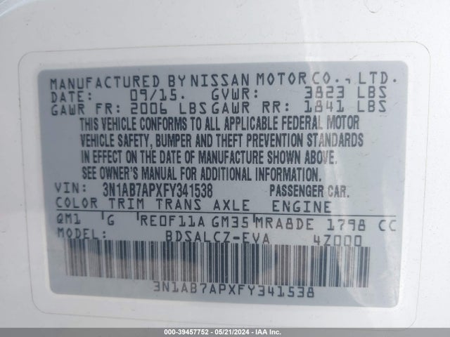 Nissan SENTRA S 2015 3N1AB7APXFY341538 Image 9