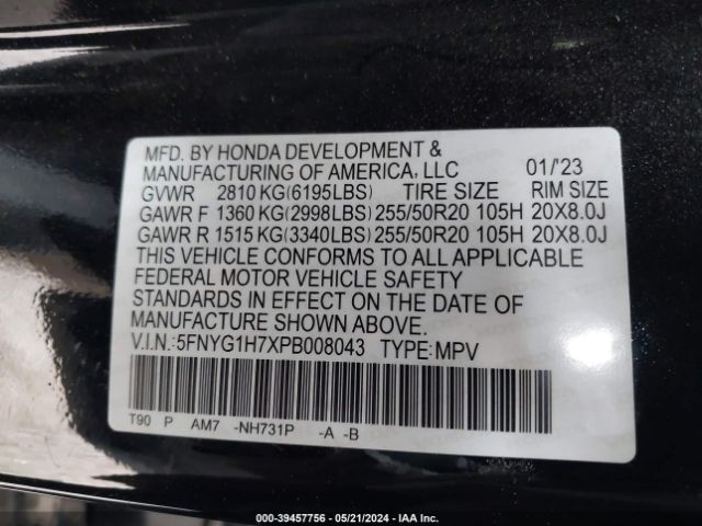 5FNYG1H7XPB008043 Honda Pilot Awd Touring