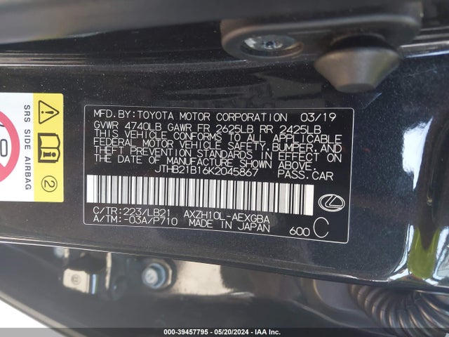 Lexus Es 300h Luxury 2019 JTHB21B16K2045867 Image 9