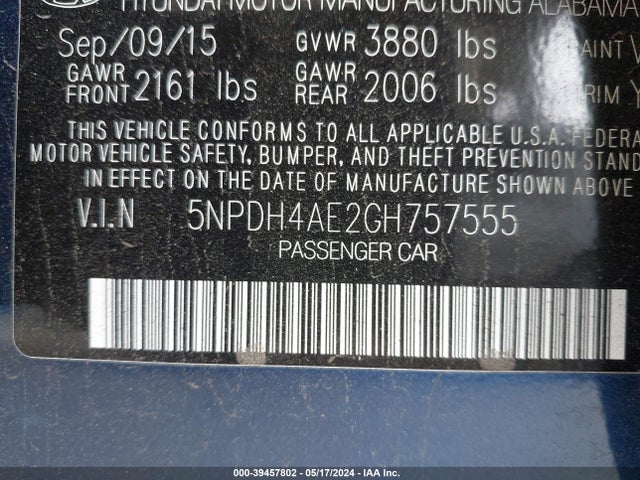 Hyundai ELANTRA SE 2016 5NPDH4AE2GH757555 Image 9