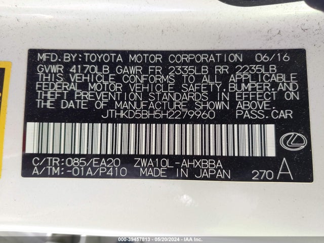 JTHKD5BH5H2279960 Lexus CT 200H