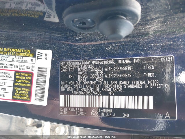 Toyota Highlander Xle 2021 5TDHZRAH3MS076400 Image 9